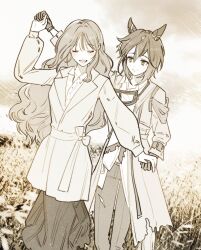  2girls arm_up artist_request blush closed_eyes coat collared_shirt commission cowboy_shot ear_covers female_trainer_(umamusume) gloves goggles goggles_around_neck hair_between_eyes highres holding_hands long_hair long_skirt monochrome multiple_girls open_mouth original outdoors pants protected_link second-party_source shirt short_hair skirt smile stay_gold_(sunlit_outsider)_(umamusume) stay_gold_(umamusume) teeth torn_clothes torn_coat trainer_(umamusume) umamusume 