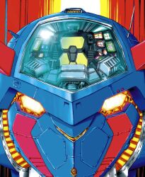  1990s_(style) 70s_robot_anime_geppy-x canopy_(aircraft) chair close-up cockpit commentary_request geppy-x glowing glowing_eyes mecha mecha_focus no_humans official_art portrait radio_antenna retro_artstyle robot science_fiction straight-on yamato_akira yellow_eyes 