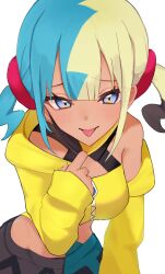  1girl aqua_hair baggy_pants bandeau black_mask blonde_hair blue_eyes breasts canari_(pokemon) center-flap_bangs criss-cross_straps dark-skinned_female dark_skin highres jacket long_sleeves mask mask_pull medium_breasts mega_stone mouth_mask multicolored_hair nemu_runa pants pokemon pokemon_legends:_z-a short_twintails smile solo split-color_clothes split-color_hair tongue tongue_out twintails two-tone_mask two-tone_pants yellow_bandeau yellow_jacket yellow_mask 