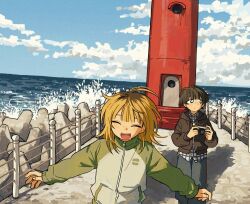  2girls :d black_hair black_jacket blonde_hair blue_sky camera closed_eyes clouds cloudy_sky day drawstring freckles green_jacket highres holding holding_camera hood hood_down hooded_jacket horizon jacket lighthouse medium_hair mole multiple_girls ocean original outdoors pants pier sihyun25 sky smile teeth upper_teeth_only water wave_breaker waves zipper_pull_tab 