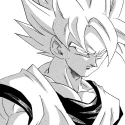  1boy 1rasutotoukou close-up dougi dragon_ball dragon_ball_z greyscale highres light_frown looking_to_the_side medium_hair monochrome muscular muscular_male serious solo son_goku spiky_hair super_saiyan super_saiyan_1 sweatdrop toriyama_akira_(style) white_background white_eyes 