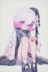  1girl beret black_choker black_coat black_hat black_shoes choker closed_mouth coat collared_coat commentary flower flower-trimmed_shorts flower-trimmed_sleeves frilled_socks frills full_body gradient_hair hair_flower hair_ornament hat hat_flower hat_ribbon highres knees_up long_sleeves looking_at_viewer mahou_shoujo_no_majo_saiban multicolored_hair neck_ribbon pants pink_eyes pink_hair ribbon sakuraba_ema shirt shoes short_hair shorts simple_background sitting sleeveless sleeveless_coat socks solo tearing_up thigh_strap tollight untranslatable_commentary white_background white_flower white_hair white_pants white_ribbon white_shirt white_shorts white_sleeves white_socks x_hair_ornament 