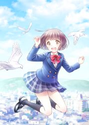  1girl :d bird black_shoes black_socks blazer blue_skirt bow bowtie brown_hair cityscape commentary_request day diagonal-striped_bow diagonal-striped_bowtie diagonal-striped_clothes dove floating_clothes floating_hair hands_up happy highres houwasekai jacket jumping kneehighs layered_sleeves loafers long_sleeves midair open_mouth original outdoors plaid_clothes plaid_skirt pleated_skirt red_bow red_bowtie school_uniform shoes short_hair skirt sky smile socks solo striped_bow striped_bowtie striped_clothes teeth upper_teeth_only yellow_eyes 