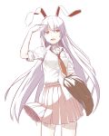  animal_ears bunny_ears dress_shirt highres kahasina kawashina_(momen_silicon) long_hair necktie open_mouth pleated_skirt purple_hair rabbit_ears red_eyes reisen_udongein_inaba shirt simple_background skirt sleeves_rolled_up solo sweat touhou very_long_hair white_background 