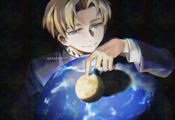  1boy adversarial_noise artist_name black_background blonde_hair blue_eyes chi.:_chikyuu_no_undou_ni_tsuite closed_mouth commentary earth_(planet) eclipse english_commentary fingernails kadeart male_focus moon planet rafal_(chi.) short_hair signature smile solar_eclipse solo 