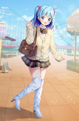  1girl :d absurdres amusement_park aqua_eyes aqua_hair arm_at_side bag black_bow black_bowtie black_skirt blue_sky blurry blurry_background blush boots bow bowtie brown_bag brown_cardigan buttons cardigan collared_shirt colored_tips commentary_request commission day depth_of_field ferris_wheel hair_ornament hair_scrunchie hand_up high_heels highres long_sleeves looking_at_viewer medium_hair miniskirt multicolored_hair open_mouth original outdoors pixiv_commission plaid_bow plaid_bowtie plaid_clothes plaid_skirt pleated_skirt red_scrunchie roller_coaster school_bag school_uniform scrunchie shirt shoulder_bag signature skirt sky smile solo straight_hair sugutsuka_rerun two_side_up white_boots white_shirt 