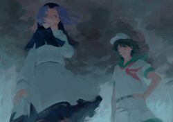  2girls belt blue_hair commentary cowboy_shot floating_hair green_hair hair_over_one_eye hand_on_own_hip hand_up hat highres hood kumoi_ichirin long_sleeves looking_ahead looking_at_another multiple_girls murasa_minamitsu muted_colors neckerchief nme_0039 one_eye_covered open_mouth overcast red_neckerchief sailor_collar sailor_hat sailor_shirt shirt short_hair short_sleeves shorts skirt sky touhou untranslatable_commentary white_shirt white_shorts white_skirt 