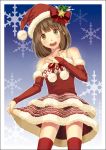  amagami bare_shoulders bow bridal_gauntlets brown_eyes brown_hair christmas detached_sleeves dress hair_bow hat holly nakahara_(fukufuku) open_mouth santa_hat skirt skirt_lift smile snowflakes solo tanaka_keiko thigh-highs thighhighs zettai_ryouiki 