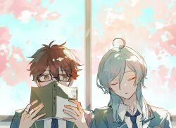  2boys aged_down ahoge bandaged_fingers bandages black-framed_eyewear blue_hair blue_necktie book brown_eyes brown_hair closed_eyes collared_shirt covered_mouth ensemble_stars! glasses hair_between_eyes hands_up highres holding holding_book lapels long_hair looking_at_another male_focus morisawa_chiaki multiple_boys nazuna_(nazuna_su) necktie notched_lapels open_book school_uniform shinkai_kanata shirt sleeping upper_body window wing_collar yumenosaki_school_uniform 