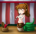 abriel00 basket brown_hair copyright_request expressive_tail instrument lamia monster_girl musical_note navel playing_instrument pointy_ears ponytail recorder skirt snake snake_charmer snake_tail tail tail_wagging