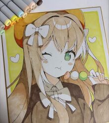  1girl :t ;t art_tools_in_frame beret blush_stickers bow breasts brown_hair brown_sweater closed_mouth collared_shirt commentary_request dango dress_shirt food green_eyes hair_between_eyes hair_bow hand_up hat heart highres holding holding_food long_hair long_sleeves looking_at_viewer medium_breasts one_eye_closed orange_hat original photo_(medium) puffy_long_sleeves puffy_sleeves sanshoku_dango shikishi shirt sleeves_past_wrists solo sweater tantan_men_(dragon) traditional_media upper_body wagashi wavy_mouth white_bow white_shirt 