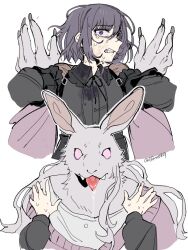 2girls animal_ears animal_hands animal_nose artist_name bang_dream! bang_dream!_yumemita black_dress claws collared_dress cropped_arm dress drooling fangs frills fuji_miyako fuji_miyako_(real) furrification furrowed_brow furry girl_on_top grey_hair guagua977 hands_on_another's_shoulders long_hair miyanaga_nonoka miyanaga_nonoka_(real) multiple_girls pink_eyes pink_sweater pov purple_hair rabbit_ears rabbit_girl scared short_hair sweat sweater tears teeth tongue tongue_out twitter_username upper_body violet_eyes white_background 