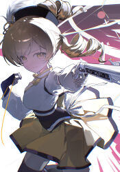  1girl absurdres aiming back_bow black_gloves black_hat blonde_hair bow breasts chinese_commentary commentary_request drill_hair fingerless_gloves geezhii gloves gun hat highres holding holding_gun holding_weapon long_hair long_sleeves magical_girl magical_musket_(madoka_magica) mahou_shoujo_madoka_magica mahou_shoujo_madoka_magica_(anime) shirt skirt string thigh-highs tomoe_mami tomoe_mami_(magical_girl) twin_drills weapon white_bow white_shirt yellow_eyes yellow_skirt 