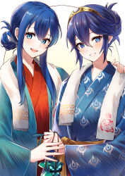  2girls ameno_(a_meno0) bath_yukata blue_eyes blue_hair blue_kimono blue_robe blush brand_of_the_exalt breasts caeda_(cleansed_princess)_(fire_emblem) caeda_(fire_emblem) commentary_request fire_emblem fire_emblem:_mystery_of_the_emblem fire_emblem_awakening fire_emblem_cipher fire_emblem_heroes gold_sash hair_between_eyes hair_bun japanese_clothes kimono long_hair long_sleeves looking_at_viewer lucina_(fire_emblem) lucina_(hot-spring_scramble)_(fire_emblem) multiple_girls obi official_alternate_costume official_alternate_hairstyle open_mouth red_kimono robe sash sidelocks small_breasts smile symbol-shaped_pupils tiara towel towel_around_neck yukata 