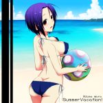  ass ball beachball bikini blue_hair breasts character_name erect_nipples from_behind idolmaster large_breasts looking_back miura_azusa red_eyes short_hair side-tie_bikini smile solo swimsuit wollfy 