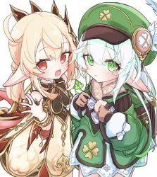  2girls :d backpack bag bag_charm bloomers brown_gloves brown_scarf cape charm_(object) clover_print coat commentary cosplay costume_switch cross-shaped_pupils genshin_impact gloves green_coat green_eyes green_hair green_hat grey_hair hair_ornament hat hat_feather hat_ornament highres klee_(genshin_impact) leaf_hair_ornament low_twintails multiple_girls nahida_(genshin_impact) nekot0_sabu newsboy_cap pointy_ears red_cape red_eyes red_hair red_sleeves scarf simple_background smile symbol-shaped_pupils twintails white_background white_bloomers 