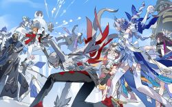  5girls 6+boys absurdres anastasya_feodorovna_snezhnaya aqua_hair arched_back arlecchino_(genshin_impact) arm_up armpits ascot backless_dress backless_outfit bare_shoulders black_boots black_coat black_gloves black_hair black_helm black_helmet black_jacket black_mask black_pants black_shirt black_shoes black_sleeves blonde_hair blue_ascot blue_eyes blue_gloves blue_hat blue_sky blue_sleeves blue_tiara bonnet boots braid braided_base breasts brown_hair bun_with_braided_base cape capitano_(genshin_impact) clear_sky clenched_hand closed_eyes clothing_cutout coat coat_on_shoulders coattails columbina_(genshin_impact) commentary detached_sleeves dottore_(genshin_impact) dress elbow_gloves english_commentary eye_mask facial_hair facing_another flying_sweatdrops frilled_pants frills fringe_trim fur-trimmed_cape fur-trimmed_coat fur-trimmed_hood fur-trimmed_sleeves fur_trim genshin_impact gloves grape_(grapedraws) grey_hair hair_bun hair_ornament half_gloves half_mask hand_up hat helmet high_heels highres holding holding_snowball hood hood_up hooded_coat jacket kokoshnik lapels large_breasts layered_sleeves long_bangs long_hair long_sidelocks long_sleeves looking_at_another low-tied_long_hair mask multicolored_hair multiple_boys multiple_girls multiple_wings mustache on_one_knee open_mouth outdoors outstretched_arm pantalone_(genshin_impact) pants parted_lips pierro_(genshin_impact) pointy_nose pulcinella_(genshin_impact) pulonia_(genshin_impact) purple_hair red_cape red_scarf red_sleeves ringlets robot round_eyewear sandrone_(genshin_impact) scaramouche_(genshin_impact) scaramouche_(harbinger)_(genshin_impact) scarf shirt shoes short_dress short_hair_with_long_locks short_sleeves shoulder_blades side_cutout sidelocks sideways_mouth signora_(genshin_impact) single_hair_bun sky snowball snowball_fight snowman_costume stole strapless strapless_dress streaked_hair suit suit_jacket superhero_landing tailcoat tartaglia_(genshin_impact) thigh-highs top_hat unworn_eyewear white_bonnet white_coat white_dress white_eyes white_gloves white_hair white_jacket white_mask white_mouth white_pants white_sleeves white_suit white_thighhighs white_wings wing_hair_ornament wings yellow_sleeves 