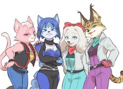  4girls animal_ears animal_nose blue_fur blue_hair body_fur breasts commentary_request dog_ears dog_girl fay_spaniel fox_ears fox_girl fox_tail furry furry_female katt_monroe krystal looking_at_viewer mito_31_31 miyu_lynx multiple_girls short_hair smile snout star_fox star_fox_2 star_fox_assault tail two-tone_fur white_fur 