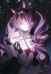  1girl angelina_(arknights) angelina_the_mellow_wish_(arknights) animal_ear_fluff animal_ears arknights black_background black_collar black_gloves black_hairband brown_eyes brown_hair chinese_commentary collar commentary_request cowboy_shot dress fox_ears fox_girl gloves glowing hai_shi_you_mu hair_between_eyes hairband highres holding holding_jar infection_monitor_(arknights) jar light_particles long_hair long_sleeves looking_at_viewer smile solo star_(symbol) twintails white_dress white_sleeves 