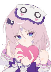  1girl absurdres bare_shoulders blue_eyes citlali_(genshin_impact) citlali_(whispers_of_stars_and_smoke)_(genshin_impact) closed_mouth detached_sleeves facial_mark genshin_impact hair_ornament heart highres holding holding_heart long_hair looking_at_viewer malja mask mask_on_head official_alternate_costume pink_hair pink_pupils sidelocks simple_background sleep_mask sleepwear solo triangle triangle_facial_mark upper_body white_background white_sleeves 