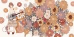  amplifier blush_stickers brown_eyes brown_hair collarbone floral_background floral_print flower guitar highres instrument mitsuki_mouse original rose shirt smile solo sunflower 
