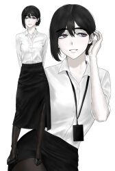  1girl alien_stage alternate_costume black_hair black_pantyhose black_shoes black_skirt commentary high_heels highres id_card lanyard multiple_views office_lady pantyhose pureum29 shirt shoes short_hair skirt smile sua_(alien_stage) thick_eyebrows tucking_hair violet_eyes white_shirt 
