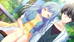  1boy 1girl arm_at_side black_hair blue_eyes blue_hair blue_jacket bow_hairband brown_shirt closed_eyes collarbone cropped_jacket da_capo da_capo_iv day dress dutch_angle forest frilled_dress frills game_asset grass green_vest hairband hand_on_own_stomach head_on_another's_shoulder highres hinohara_chiyoko jacket legs_together long_hair looking_at_another looking_to_the_side nature non-web_source on_bench open_clothes open_jacket open_mouth orange_dress outdoors post_and_rail_fence self-datamine shirt short_sleeves side-by-side sitting tanihara_natsuki tokisaka_ichito tree vest white_jacket 