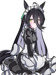  1girl ahoge animal_ears apron black_bow black_dress black_hair blush bow closed_mouth commentary_request dress ear_tag earrings hair_between_eyes highres horse_ears horse_girl horse_tail jewelry kikkasoon long_bangs long_hair long_hair_between_eyes long_sleeves looking_at_viewer maid maid_apron maid_headdress manhattan_cafe_(umamusume) multicolored_hair simple_background single_earring solo tail umamusume white_apron white_background white_hair white_headdress yellow_eyes 