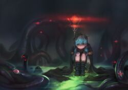  1girl absurdres aqua_hair black_boots blurry blurry_background boots brown_boots brown_cape cape check_copyright closed_mouth commentary_request copyright_request dark dress full_body glowing glowing_eyes green_eyes green_liquid grey_dress hand_on_own_knee highres horror_(theme) jun_(navigavi) knees_up korean_commentary long_hair long_sleeves looking_at_viewer multicolored_boots nose original outdoors red_eyes sitting solo staff tentacles twintails two-tone_boots wide_shot 