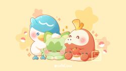  :3 animal_focus blush closed_eyes closed_mouth commentary english_commentary food fruit fuecoco hands_on_another's_head highres holding holding_food holding_fruit lying no_humans nostrils poke_ball poke_ball_(basic) pokemon pokemon_(creature) pokemon_focus quaxly shirley_(chiai_tea) sitting sleeping smile sprigatito standing star_(symbol) starter_pokemon_trio twitter_username yellow_background zzz 