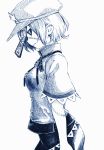  black_sclera hat miyako_yoshika monochrome ofuda profile scar short_hair simple_background solo stitches takeuma touhou white_background 