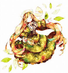 1girl ^_^ brown_hair closed_eyes cross-laced_clothes cross-laced_dress curly_hair dress dress_ribbon facing_viewer frilled_dress frilled_dress_collar frilled_sleeves frills full_body green_dress headdress imoi_(mizutama) layered_dress leaf long_dress long_hair neck_ribbon non-web_source painting_(medium) plant ribbon rozen_maiden simple_background smile solo suiseiseki traditional_media very_long_hair watercolor_(medium) watering_can white_background white_headdress 