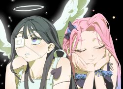  2girls alien_stage alternate_costume angel angel_and_devil black_background black_hair black_horns closed_eyes commentary demon_girl demon_horns demon_tail english_commentary eyepatch halo head_rest highres horns long_hair medical_eyepatch mizi_(alien_stage) multiple_girls one_eye_covered pink_hair single_horn sua_(alien_stage) tail violet_eyes white_wings wings yunnzaii 