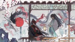 2boys alcohol aqua_eyes aqua_hanfu architecture bandage_over_one_eye black_coat black_eyes black_hair black_hanfu chengnanbunancheng chinese_clothes closed_eyes closed_mouth coat coat_on_shoulders commentary_request cup daxiushan dragon e.g.o_(project_moon) east_asian_architecture eastern_dragon feet_out_of_frame flower half_updo hanfu heterochromia high_ponytail highres holding holding_cup holding_lantern hong_lu_(hongyuan)_(project_moon) hong_lu_(project_moon) hongyuan_(identity)_(project_moon) lantern limbus_company long_hair long_sleeves male_focus mountain multiple_boys multiple_persona on_railing pitcher_(container) plum_blossoms ponytail project_moon railing red_bandage red_flower red_scarf rockery scarf sitting smile snow standing stole tears_of_the_tarnished_blood_(e.g.o) very_long_hair white_coat white_hanfu wide_sleeves xiao_guan_(headdress) 