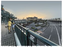  2boys against_railing animal_ears animal_nose arrow_(symbol) black_fur blonde_hair blue_hoodie border bridge building cargo_shorts cityscape contemporary crosswalk denim dog_boy dog_ears dog_tail dungeon_meshi flag furry furry_male grass halfling hood hood_down hoodie jeans kobold kui_ryouko kuro_(dungeon_meshi) lamppost large_ears looking_at_another medium_hair mickbell_tomas multiple_boys on_railing palm_tree pants parking_lot pavement pedestrian_crossing_sign pillar pointing ponytail railing road road_sign scenery shirt shorts sidewalk sign sketch sky street sunset t-shirt tail tree two-tone_fur urban_fantasy white_border white_fur yellow_shirt 
