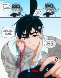  2boys alien_stage anger_vein aqua_hair black_hair blush closed_mouth dress_shirt english_text fang fang_out grey_sweater highres ivan_(alien_stage) looking_at_viewer lucidkana male_focus mask mask_on_head multiple_boys shirt sleep_mask speech_bubble sweater till_(alien_stage) twitter_username white_shirt 