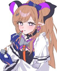  1girl applying_makeup arknights arknights:_endfield black_hairband black_horns blue_gloves blush brown_hair cosmetics earrings gloves hair_ornament hairband heart heart_earrings highres holding holding_lipstick_tube horns jewelry liino_(arknights) lipstick_tube long_hair long_sleeves ooo00_cha parted_lips pointy_ears purple_hairband purple_horns shirt simple_background sketch solo star-shaped_pupils star_(symbol) symbol-shaped_pupils violet_eyes white_background white_shirt 