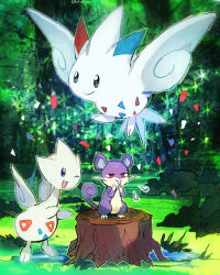  black_eyes bush closed_mouth commentary_request confetti flying_sweatdrops forest grass jitome kantarou_(8kan) nature no_humans one_eye_closed outdoors pokemon pokemon_(creature) rattata red_eyes togekiss togetic tree_stump 
