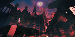  1girl absurdres artist_name building city cityscape commentary_request fantasy highres holding holding_staff lifeline_(sinc_emarch) monster original outdoors reflection ruins scenery sky solo staff standing very_wide_shot white_hair wide_shot 
