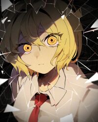  1girl black_background blonde_hair broken_glass closed_mouth collared_shirt commentary don_quixote_(project_moon) glass highres limbus_company looking_at_viewer necktie project_moon red_necktie shaded_face shirt short_hair solo untranslatable_commentary upper_body wakadorin284 white_shirt yellow_eyes 