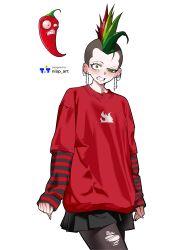 1girl absurdres angry artist_logo artist_name asymmetrical_hair black_pantyhose black_skirt chili_pepper creature_and_personification ear_piercing earrings green_eyes green_hair highres jalapeno_(plants_vs._zombies) jalapeno_pepper jewelry logo long_sleeves mohawk multicolored_hair nisp_art pantyhose personification photo_inset piercing plants_vs._zombies pleated_skirt red_hair red_shirt reference_inset sanpaku shirt sidecut skirt striped_sleeves torn_clothes torn_pantyhose undercut white_background 