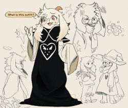  ... 2boys animal_ears arms_behind_back asriel_dreemurr asriel_dreemurr_(cosplay) asriel_dreemurr_(god_of_hyperdeath) black_robe bouquet commentary cosplay delta_rune_(symbol) deltarune fang flower flowery_(deltarune) furry furry_male glasses goat_boy goat_ears goat_horns green-framed_eyewear hat highres holding holding_bouquet horns multiple_boys pink_eyes ralsei ralsei_(hat) robe round_eyewear shipduck13 sleeves_past_fingers sleeves_past_wrists sparkle spoken_ellipsis squiggle undertale utdr_(toby_fox) 