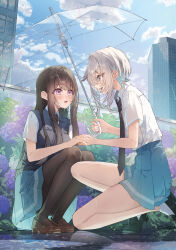  2girls aqua_eyes black_necktie black_pantyhose black_shoes blue_sky blush breasts brown_hair brown_shoes building character_request clouds collared_shirt commentary_request day eye_contact full_body grey_hair grey_sweater_vest highres holding holding_umbrella loafers long_hair looking_at_another miniskirt multiple_girls necktie official_art open_mouth outdoors pantyhose pink_eyes pleated_skirt profile rain reflection school_uniform shirt shirt_tucked_in shoes short_hair_with_long_locks short_sleeves sideways_mouth skirt sky skyscraper smile socks squatting straight_hair summer summer_uniform sweater_vest transparent transparent_umbrella umbrella uso_kara_hajimaru_koi_no_natsu white_shirt white_socks yuri 