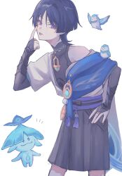  1boy :p akanbe aranara_(genshin_impact) ararycan_(genshin_impact) arm_at_side armor belt bird black_belt black_bodysuit black_bow black_shorts blue_bird blue_cape blue_gem blue_sleeves blunt_ends bodysuit bow bridal_gauntlets cape closed_mouth clothing_cutout covered_collarbone cowboy_shot creature eyelid_pull eyeliner feathers finch finger_to_cheek gem genshin_impact gold gold_ring grey_bridal_gauntlets hair_intakes hakama hakama_shorts hand_on_own_hip hand_up highres hip_vent index_finger_raised japanese_armor japanese_clothes kimono kote kurokote layered_sleeves leaning_forward makeup male_focus mandarin_collar middle_ring notice_lines open_clothes open_kimono pleated_shorts pom_pom_(clothes) purple_rope purple_sash red_eyeliner rope s0bk8 sash scaramouche_(genshin_impact) short_sleeves shorts shoulder_peek side_cape single_bare_shoulder single_off_shoulder solo tassel tongue tongue_out tsurime violet_eyes wanderer_(genshin_impact) white_background white_kimono white_sleeves white_trim wispy_bangs wolf_cut yellow_feathers 