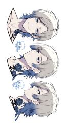  1boy adam's_apple blonde_hair blue_eyes blue_hair blue_lock chibi chibi_inset closed_mouth collarbone cropped_shoulders eyeliner flower_tattoo gradient_hair highres looking_at_viewer makeup male_focus michael_kaiser multicolored_hair multiple_views nannnann4321 neck_tattoo red_eyeliner short_hair sideways simple_background smile tattoo two-tone_hair white_background 