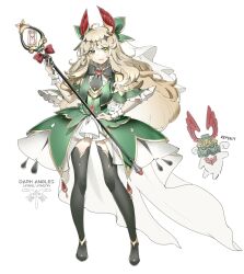  1girl adeptus_astartes black_ribbon black_thighhighs blonde_hair character_name chibi chibi_inset creature dark_angels dress frilled_dress frills full_body genderswap genderswap_(mtf) green_eyes green_theme head_wings highres holding holding_wand lion_el'jonson long_hair magical_girl neck_ribbon primarch red_ribbon ribbon shinnasuka025 solo standing thigh-highs wand warhammer_40k wings 