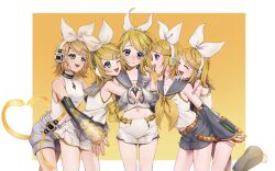  5girls absurdres aqua_eyes belt black_leg_warmers black_sailor_collar black_shorts black_sleeves blonde_hair blue_eyes bow bowtie breasts closed_eyes clothing_cutout detached_sleeves grey_sailor_collar grey_sleeves hair_bow hair_ornament hairclip headphones headset highres hug hug_from_side inu8neko kagamine_rin kagamine_rin_(act1) kagamine_rin_(append) kagamine_rin_(nt) kagamine_rin_(vocaloid4) leg_warmers looking_at_another looking_at_viewer midriff multiple_girls multiple_persona navel navel_cutout neckerchief necktie number_tattoo one_eye_closed open_mouth own_hands_together parallel_hairclips piano_print piapro_studio ribbed_gloves sailor_collar sailor_jacket see-through_sleeve_layer shirt shoes short_hair shorts skirt sleeveless sleeveless_shirt small_breasts smile standing standing_on_one_leg tattoo transparent_bow treble_clef vocaloid vocaloid_append white_bow white_shirt white_shoes white_shorts white_skirt wing-shaped_bow yellow_belt yellow_bow yellow_bowtie yellow_nails yellow_neckerchief yellow_necktie yellow_trim z_hair_ornament 