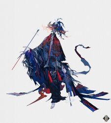  1boy :| arm_at_side barefoot between_fingers black_horns black_robe blue_eyes blue_hair chest_tattoo closed_mouth colored_sclera commentary_request copyright_logo expressionless full_body gradient_clothes gradient_hair hair_between_eyes hand_up highres holding holding_wand horns kui_niu_(shanhai_jing_hua) logo long_hair_between_eyes long_sleeves looking_to_the_side male_focus medium_hair messy_hair molatoliamu multicolored_hair multicolored_horns neck_tattoo official_art orange_hair pale_skin pointy_ears red_robe robe sanpaku shanhai_jing_hua simple_background solo standing tassel tattoo torn_clothes twitter_username two-tone_horns two-tone_robe wand white_background white_horns wide_sleeves yellow_sclera 