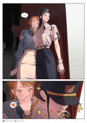  ... 2girls absurdres black_hair black_hat black_pants blue_shirt brown_eyes brown_hair collared_shirt commentary english_commentary gloves gracepago0314 hat heart highres looking_at_another multiple_girls original pants shirt skirt sparkle spoken_ellipsis spoken_heart white_gloves white_shirt white_skirt yuri 