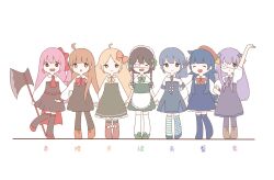  3: 6+girls :< :d :o ^_^ ahoge apron arm_up ascot asymmetrical_legwear axe bare_shoulders beret black_dress black_hair black_thighhighs blonde_hair blue_dress blue_eyes blue_hair blue_necktie blue_shoes blue_thighhighs blunt_bangs boots bow bowtie braid brown_boots brown_hair checkered_necktie closed_eyes closed_mouth collared_shirt commentary_request detached_collar double-parted_bangs dress eyepatch footwear_bow frilled_apron frilled_dress frills full_body green_bow green_dress green_shoes green_socks hair_bow hair_ornament hat highres holding holding_axe holding_hands kneehighs long_hair long_sleeves maid maid_headdress medical_eyepatch mismatched_legwear multiple_girls necktie nishida_yume no_shoes one_side_up open_mouth orange_bow original pantyhose parted_bangs pink_hair polka_dot polka_dot_thighhighs purple_bow purple_bowtie purple_dress purple_hair purple_pantyhose rainbow_order red_ascot red_bow red_bowtie red_eyes red_hat red_shoes shirt shoes short_sleeves sidelocks simple_background smile socks standing standing_on_one_leg star_(symbol) star_hair_ornament strapless strapless_dress striped_clothes striped_thighhighs thigh-highs translation_request twin_braids waist_apron white_apron white_background white_bow white_shirt white_thighhighs zettai_ryouiki 